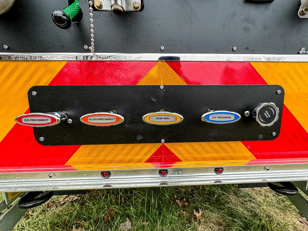 Lower rear panel close-up with labeled discharge ports.