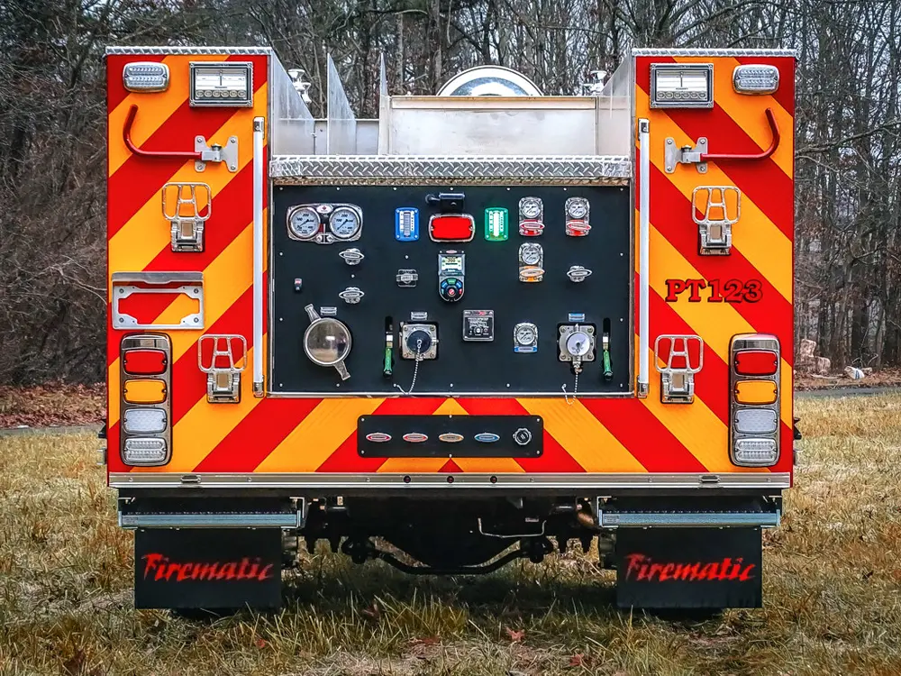 Straight rear view of the pump panel and rear chevron striping.