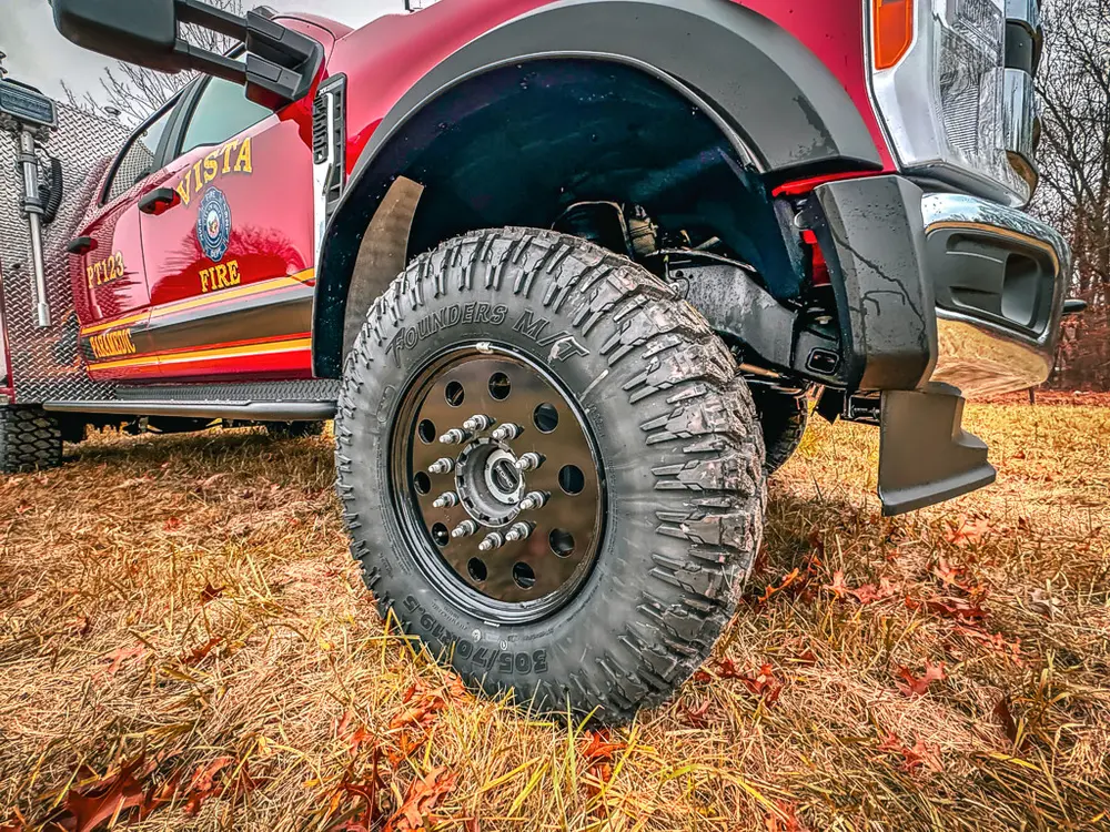 Front wheel and tire close-up showing tread and wheel hub.