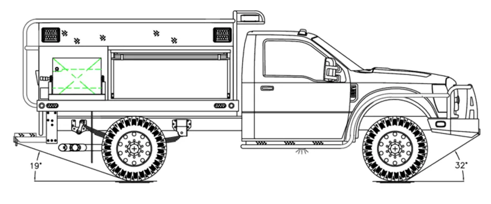 Exterior view of small fire truck showing cab, body compartments, and wheel/tire area.