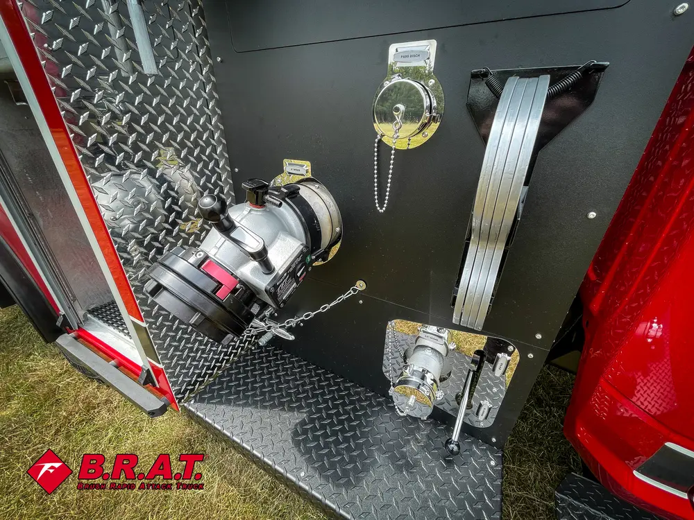 Rear side control panel close-up with couplings, gauges, and labels.