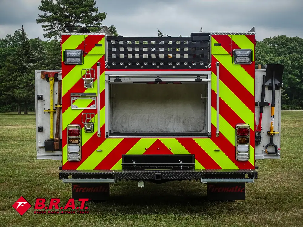 Straight rear view with center compartment open and chevron panel framing.