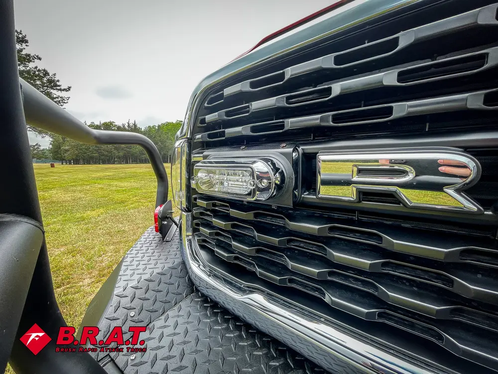 Head-on grille close-up framed by brush guard bars.