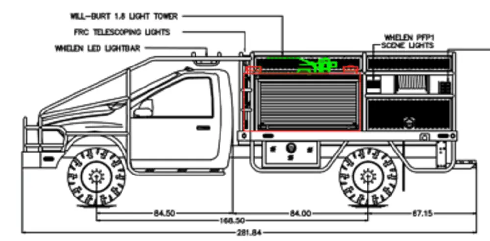 Exterior view of small fire truck showing cab, body compartments, and wheel/tire area.