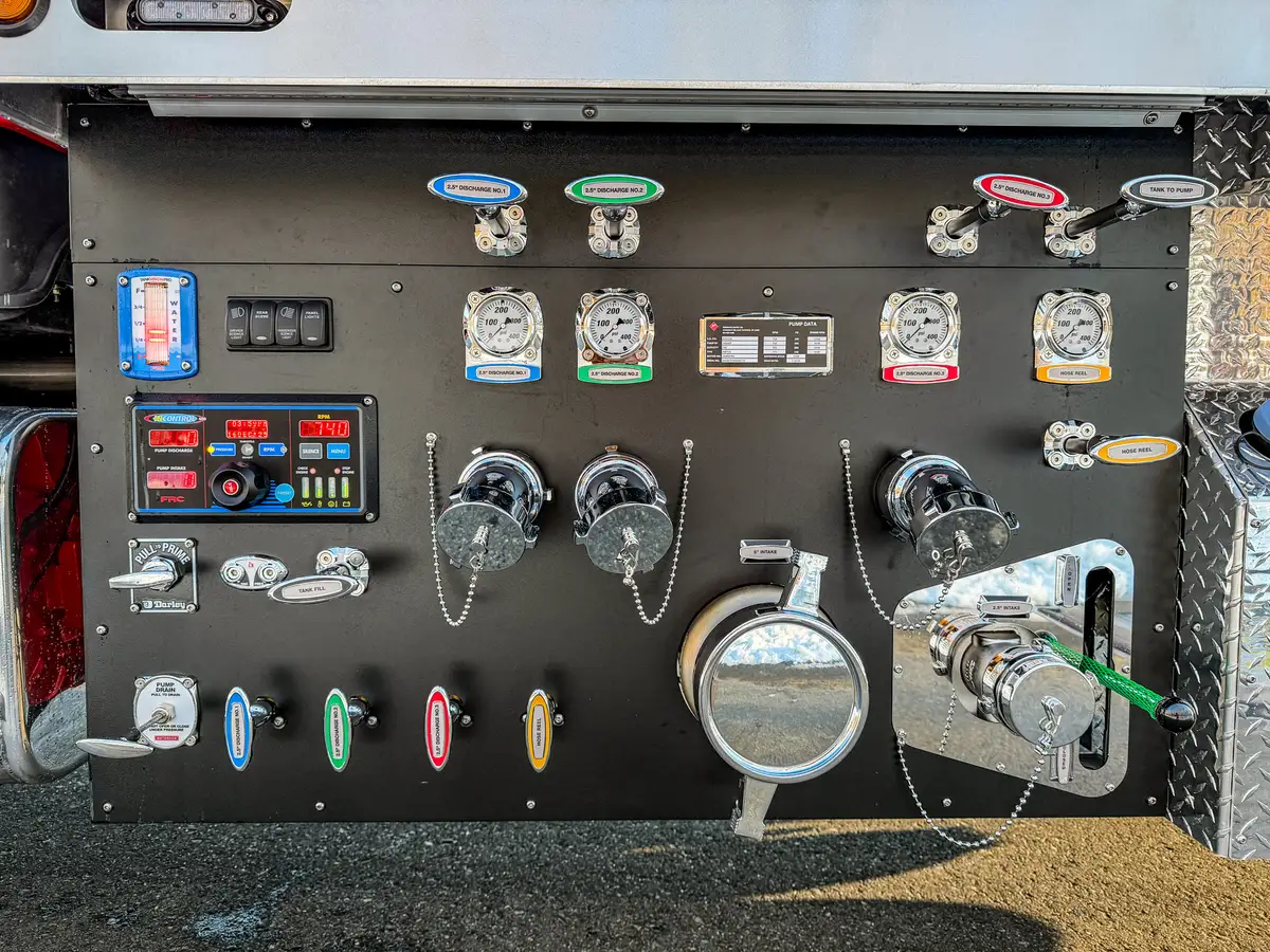 Close-up of the pump panel with gauges, valves, discharge inlets, and control labels.