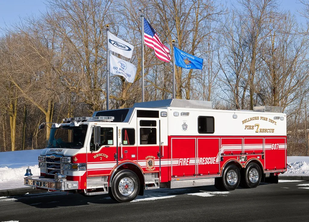 Bellmore heavy rescue truck driver-side profile with full rescue body and roof equipment