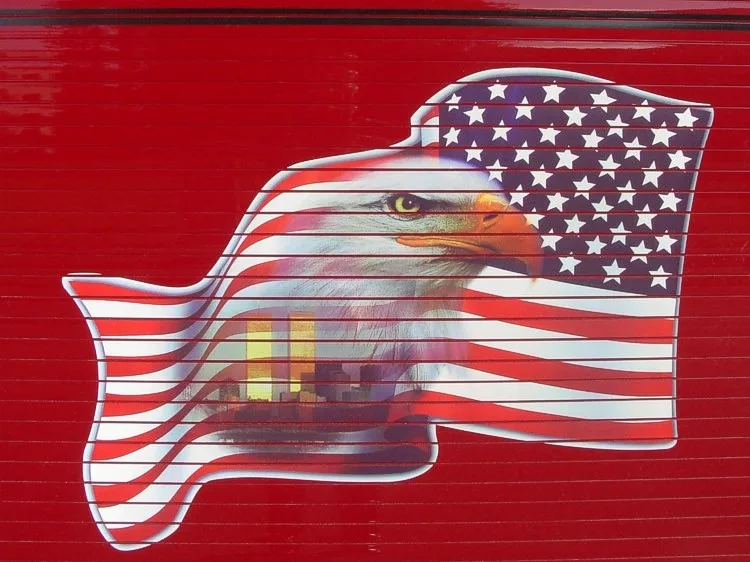 Close-up of the side compartment door graphic showing an eagle over an American flag.