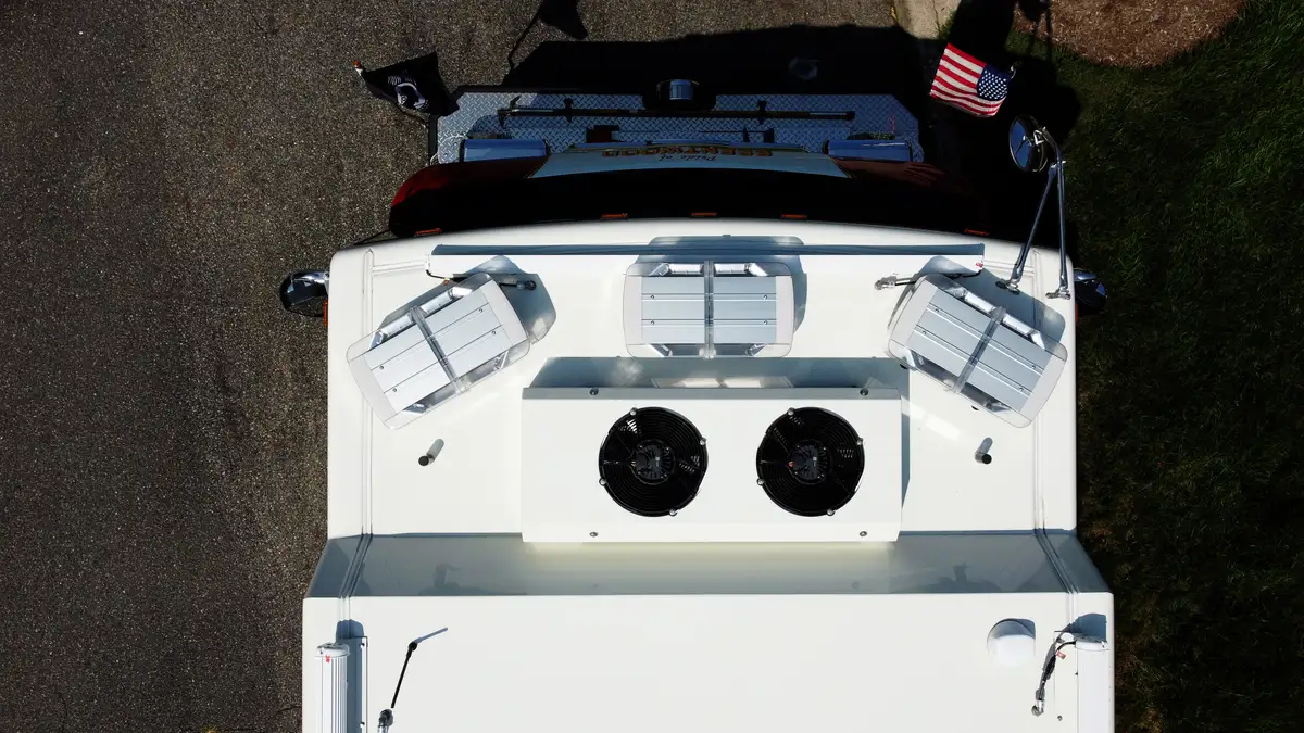 Top-down cab roof and windshield view from aerial perspective