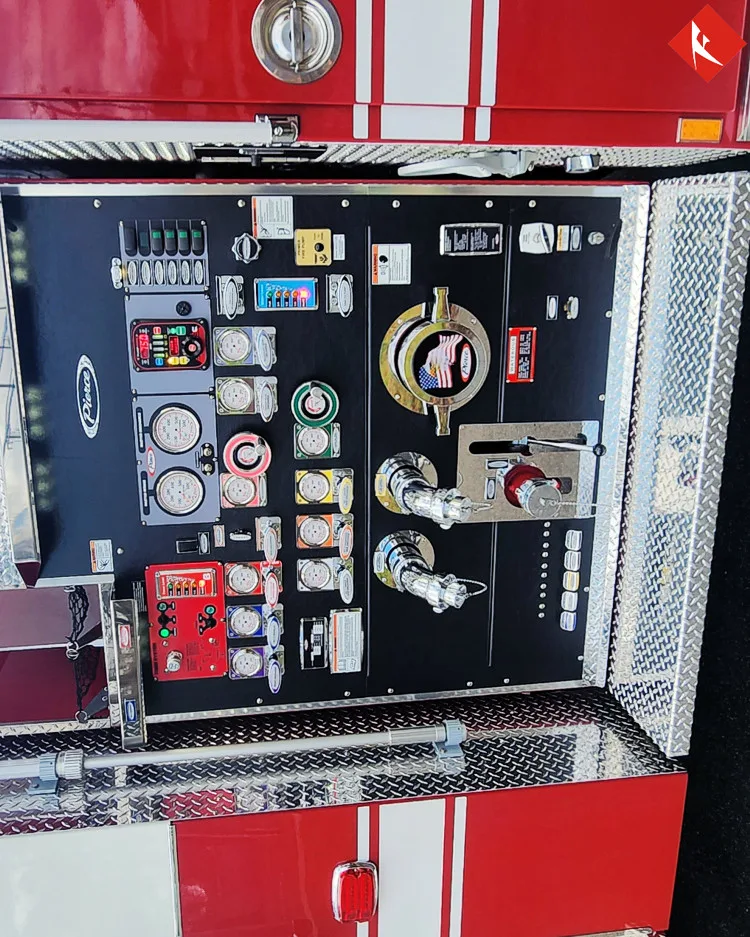 Pump panel close-up showing gauges, valves, and intake controls