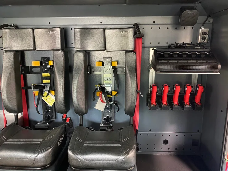 Rear crew seating view showing SCBA seats and restraint mounts