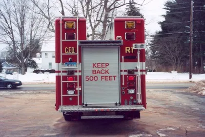 Rear view showing rear door panel and warning lights