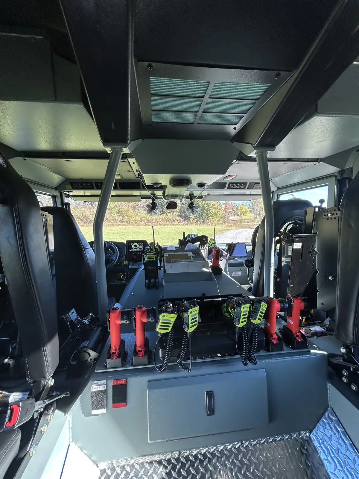 Rear crew compartment wide view with SCBA seats and interior storage