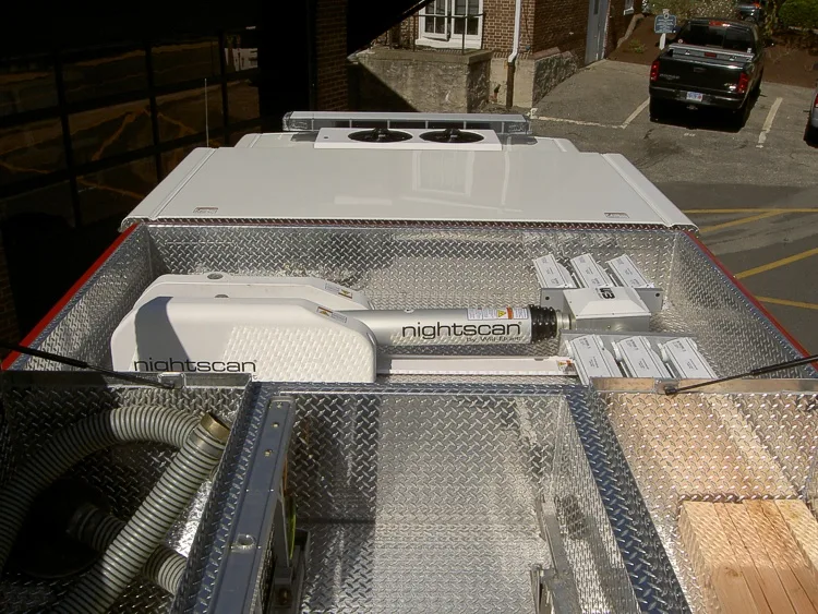 Top deck view showing hosebed area and diamond-plate walkway