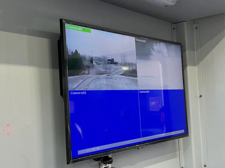 Interior monitor close-up showing split multi-camera feed screen