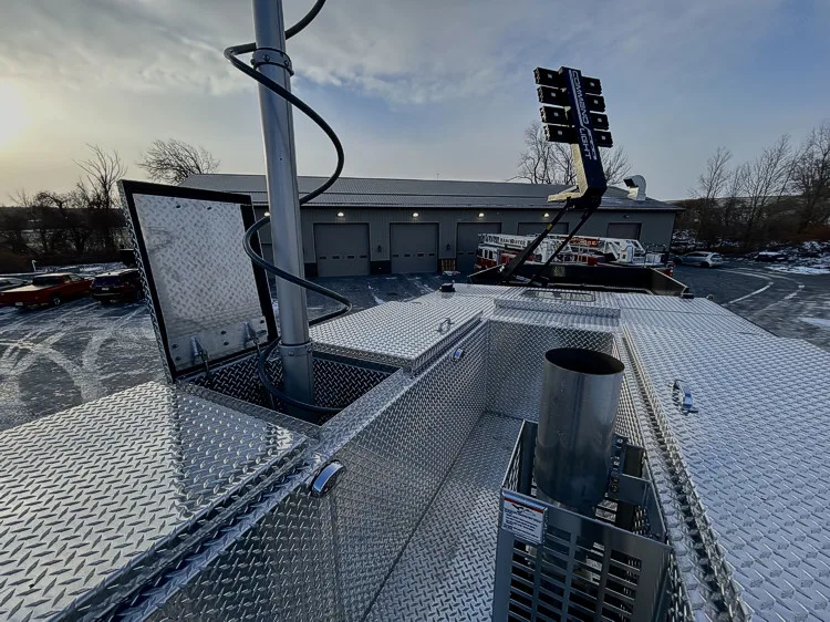 Hosebed deck view looking rearward toward tiller cab and light tower