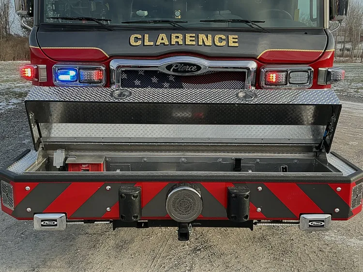 Rear view showing chevrons, center stair, and lower warning lights