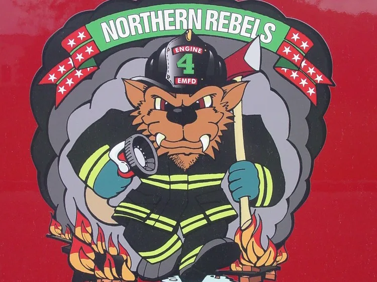 Cartoon-style mascot logo close-up on side panel