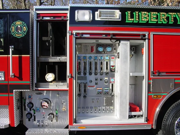 Pump panel close-up showing gauges, valves, and control levers