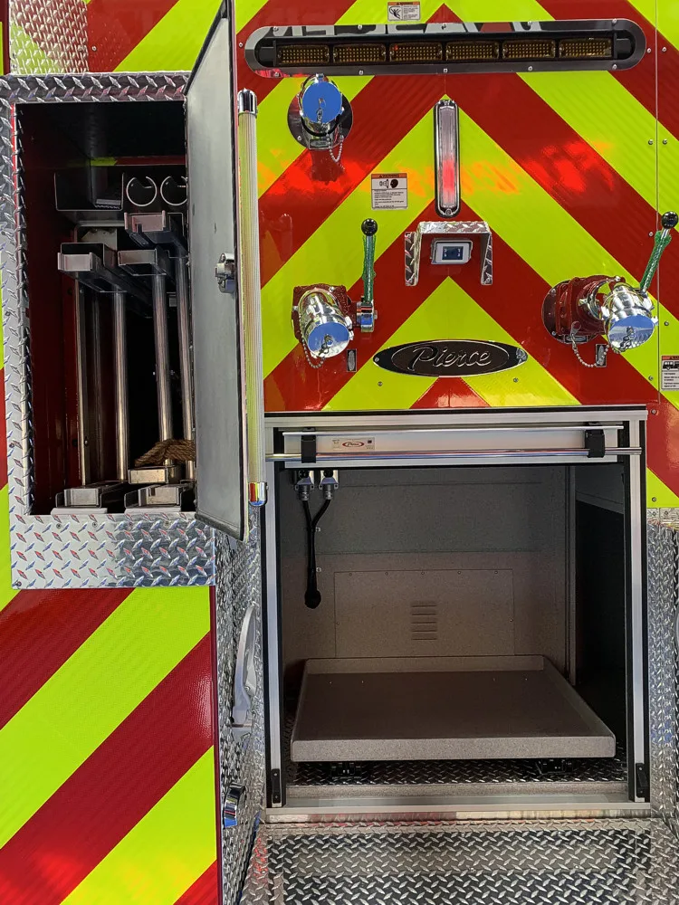 Rear view close-up showing open rear center compartment