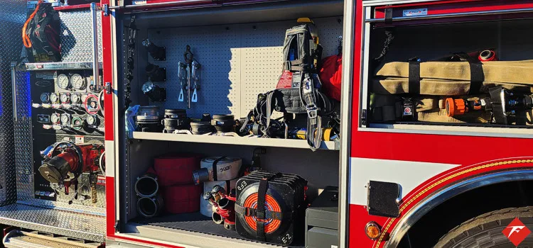 Open side compartment showing stored tools and equipment bins