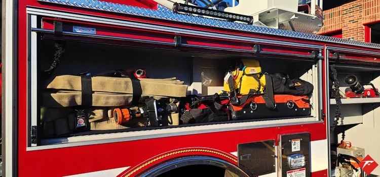 Open side compartment showing mounted long tools and shelf storage