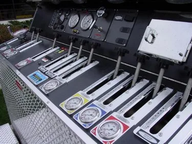 Pump panel close-up showing gauges, levers, and control handles