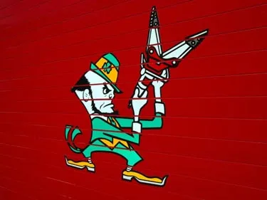 Side panel close-up showing cartoon logo on red compartment door