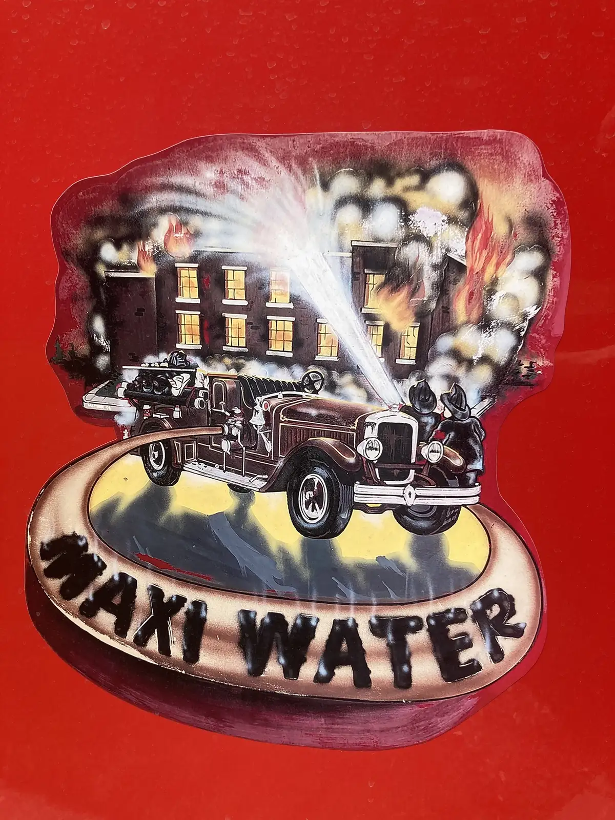 Fire scene mural decal close-up showing vintage engine and water stream