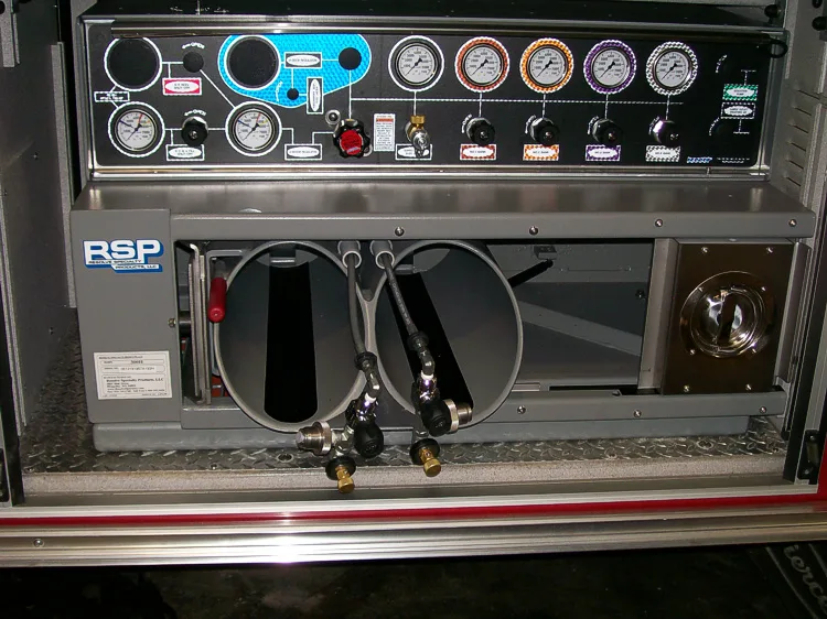 Open control compartment showing gauges, indicator lights, and wiring panel