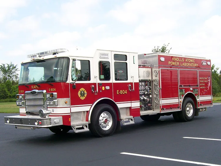 Rescue pumper front-left exterior view showing side profile and wheelbase