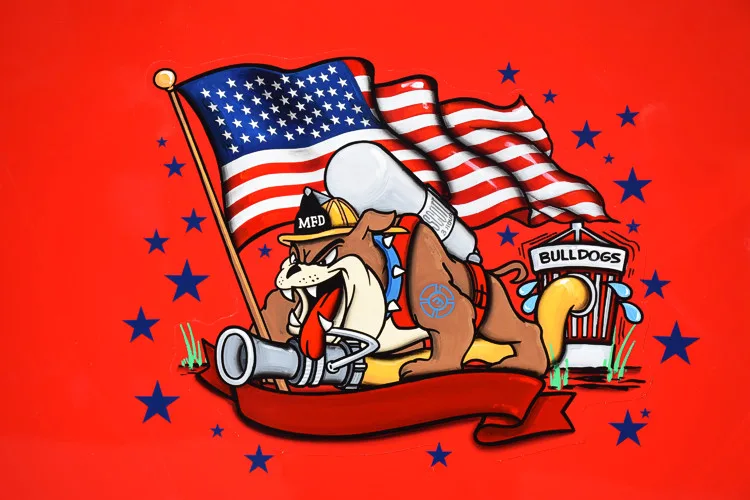 Body graphic close-up showing patriotic cartoon decal on red panel