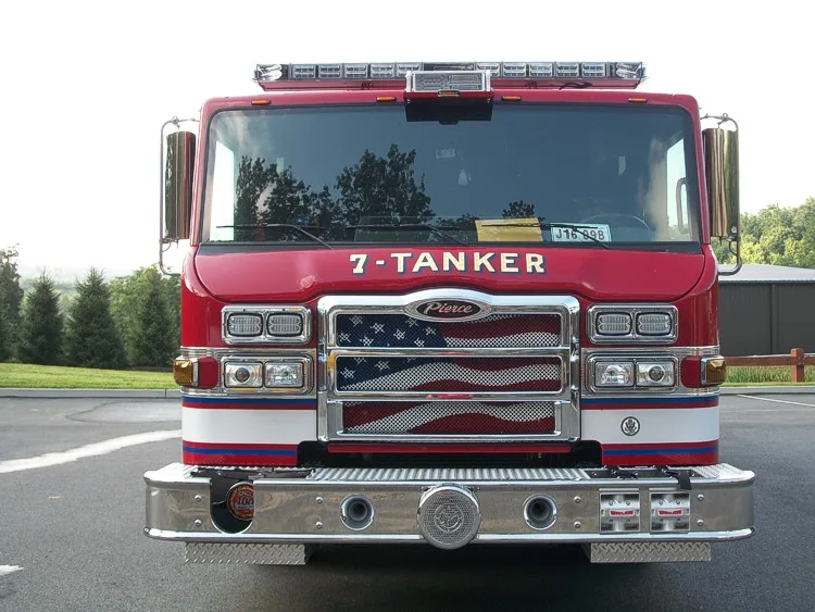 Head-on front view showing grille, windshield, warning lights, and front bumper intake ports.