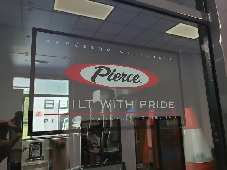 Window decal close-up showing Pierce Built With Pride graphic