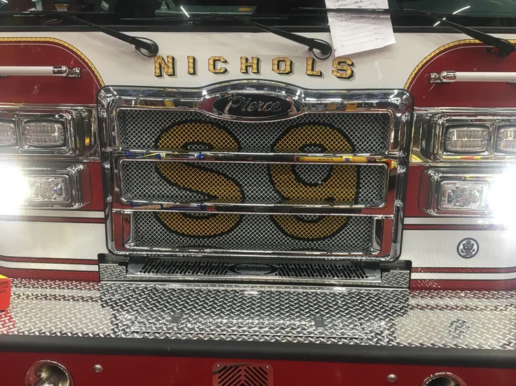 Front grille close-up showing bumper guard and emblem panel