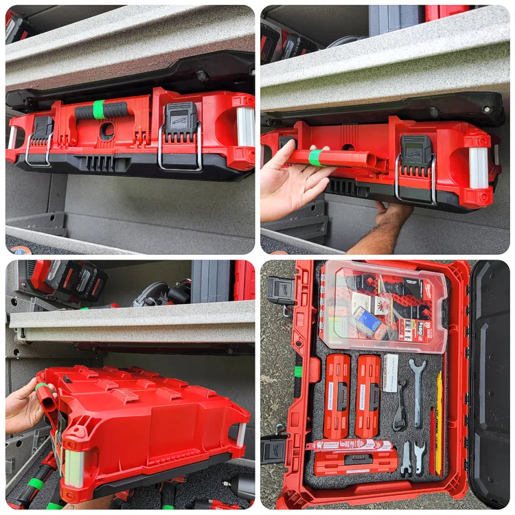 Open lower side compartment showing rescue tools in tray rack