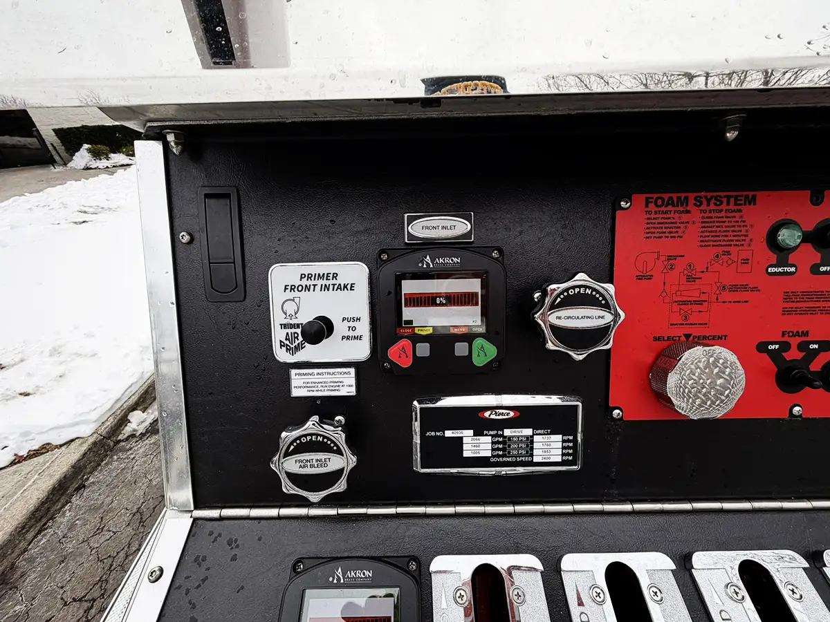 Pump panel close-up showing pressure gauges and valve controls