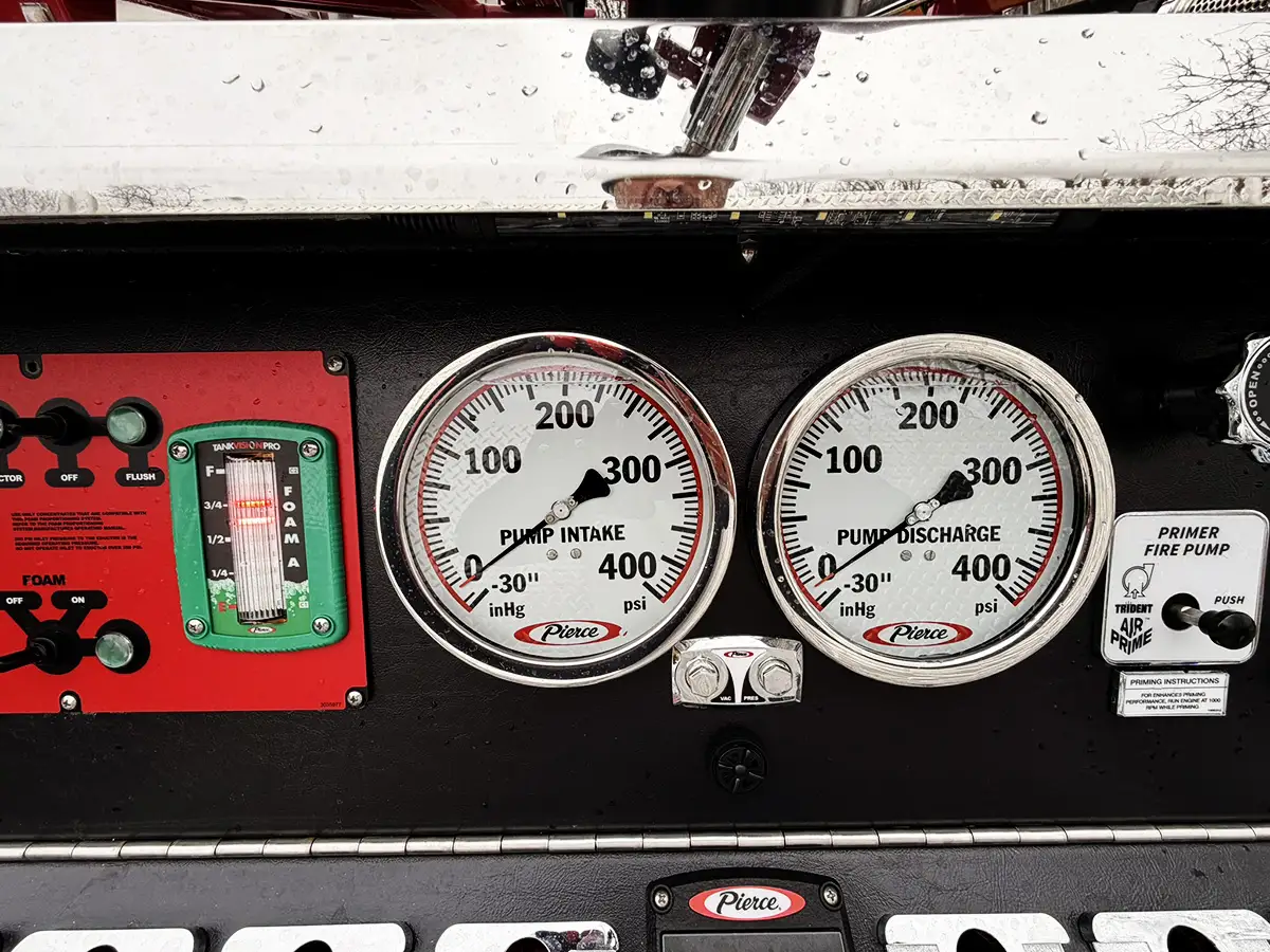 Pump panel detail showing master gauges and control labels