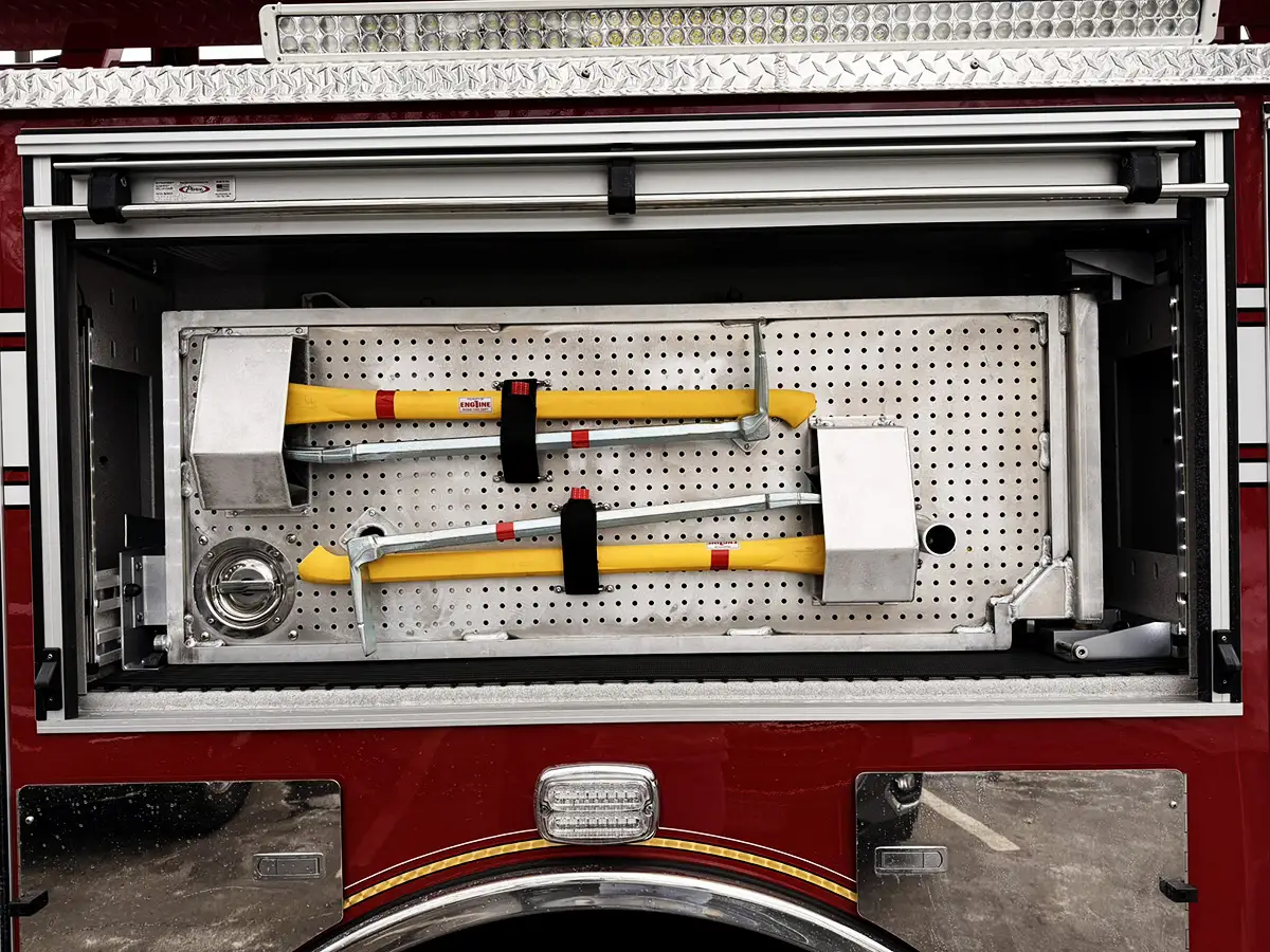 Open side compartment showing hand tools, containers, and shelf dividers