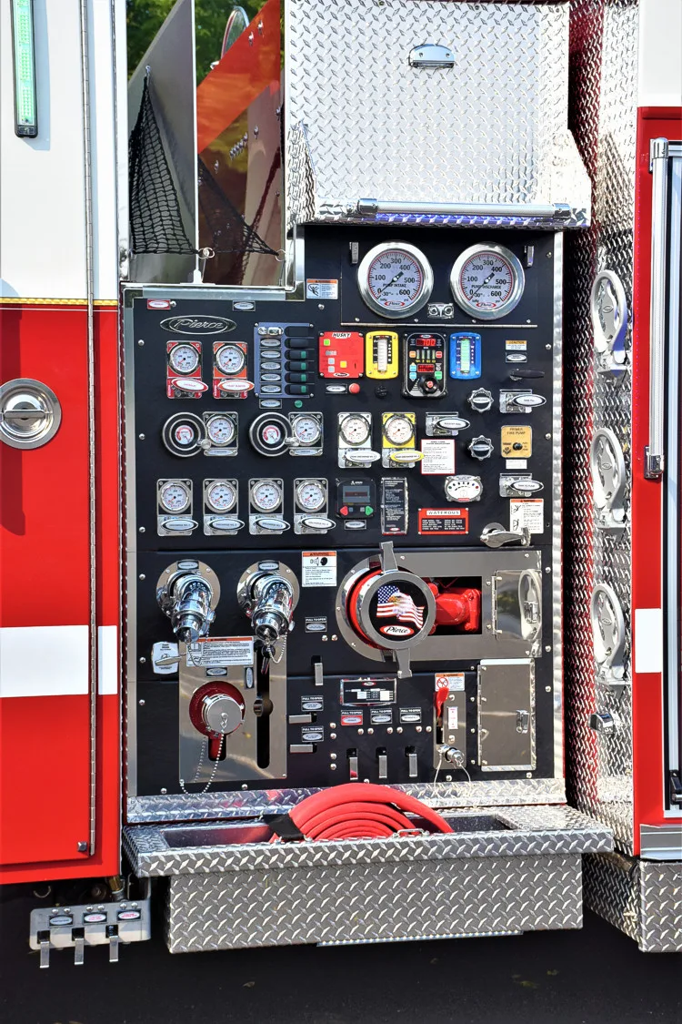 Pump panel close-up showing gauges, valves, and control levers