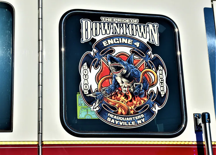 Interior detail close-up showing a department patch display on a dark panel