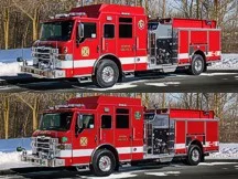 Two stacked front-left views of matching red pumpers on display.