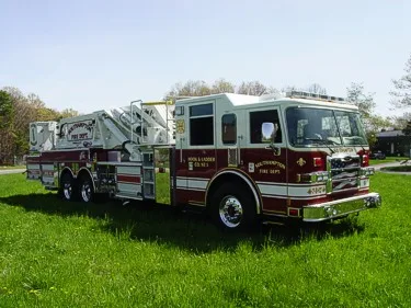 Front right exterior view showing cab profile, turntable section, and tandem rear wheel area.