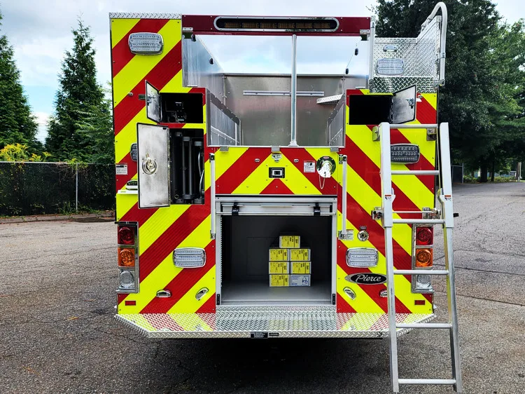 Rear view with open center panel showing lower rear compartment access