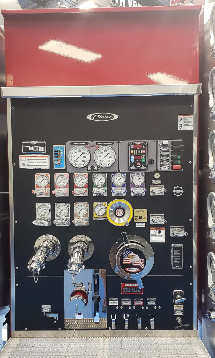 Pump panel close-up showing gauges, valves, and control levers