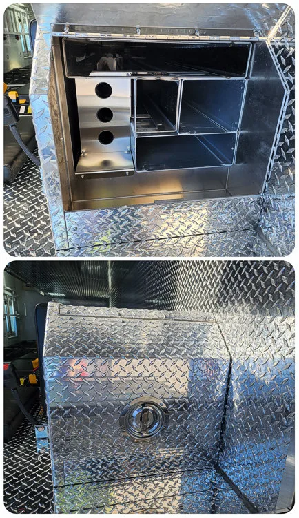 Open side compartment close-up showing slide-out tray and mounted hardware