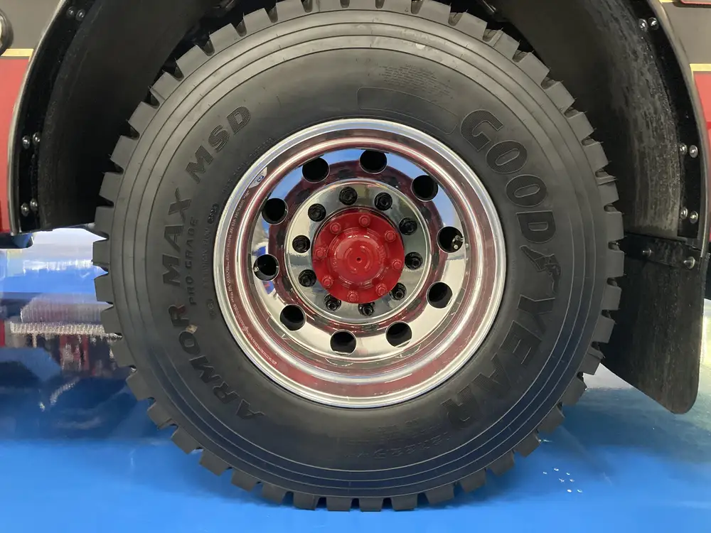 Front wheel close-up showing tire tread and polished rim