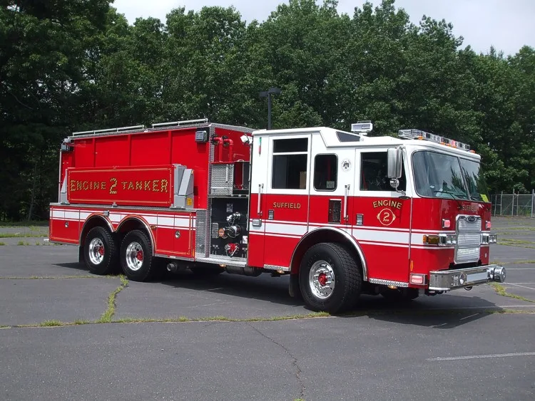 Front-right exterior profile showing tanker body and side panel marked Engine 2 Tanker