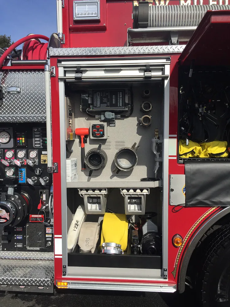 Rear control panel close-up showing gauges, valves, and hose connections