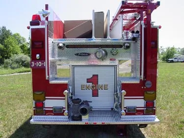 Rear view showing rear panel, warning lights, and hosebed divider fins