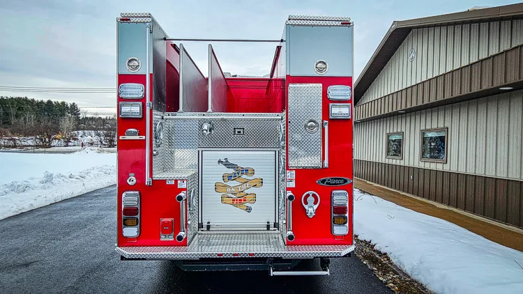 Rear view showing open rear doors and upper hosebed section